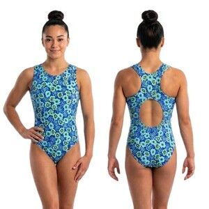 GK Elite VTG Racerback Keyhole Tank Leotard Blue Green Spring Floral Size AL